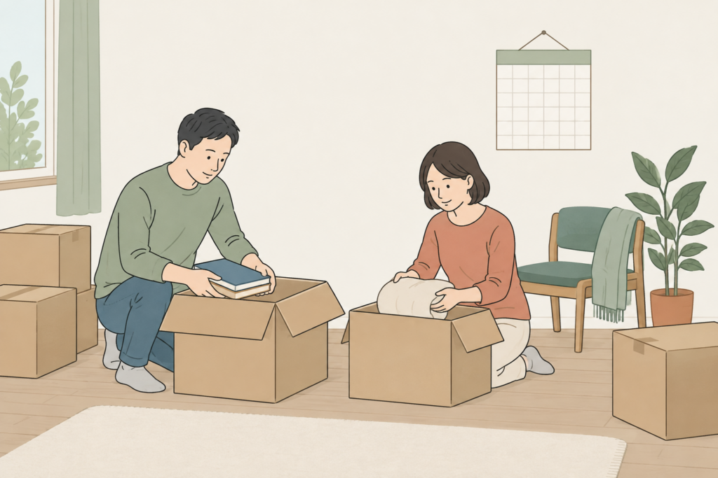 荷物と入居日を二人で整理するイメージ