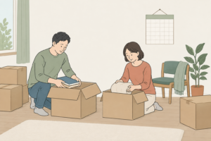 荷物と入居日を二人で整理するイメージ