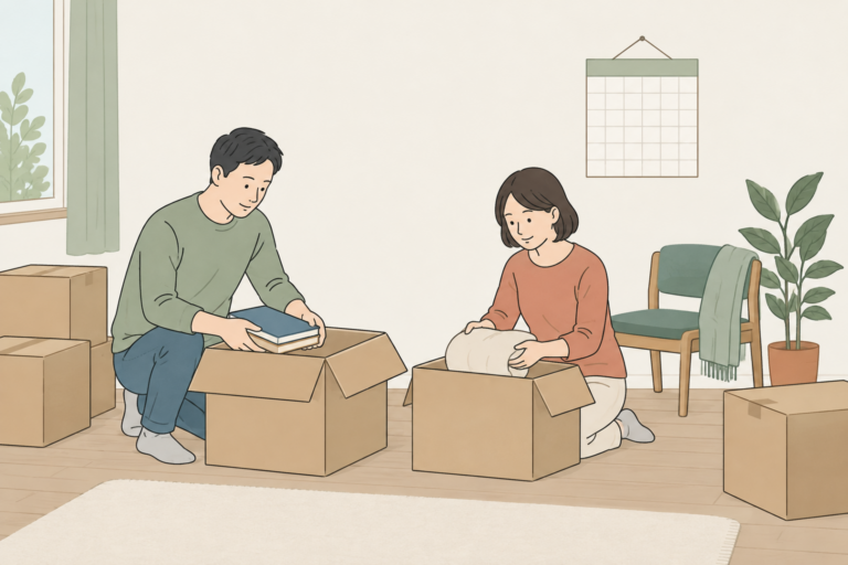 荷物と入居日を二人で整理するイメージ