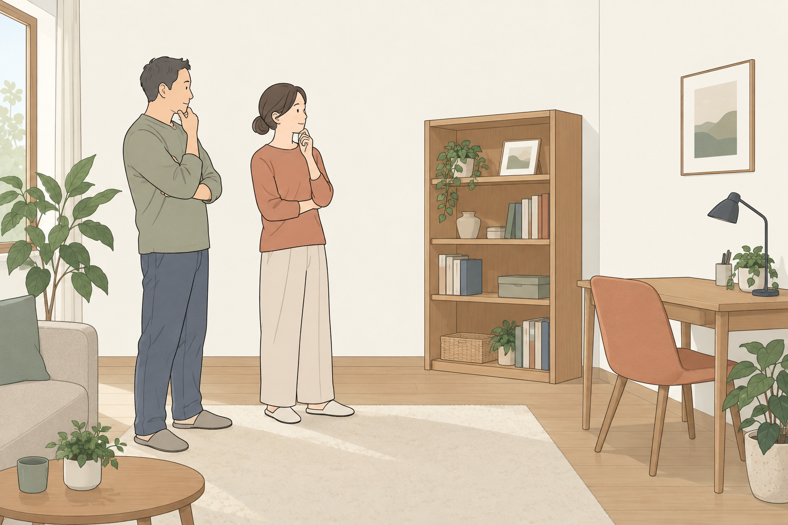 今ある部屋の家具配置を検討する二人のイメージ