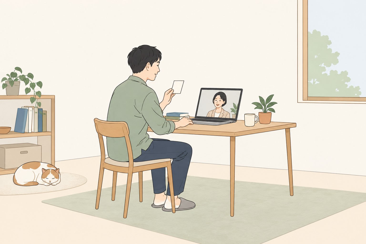オンライン相談で質問メモを見ながら話す人のイメージ