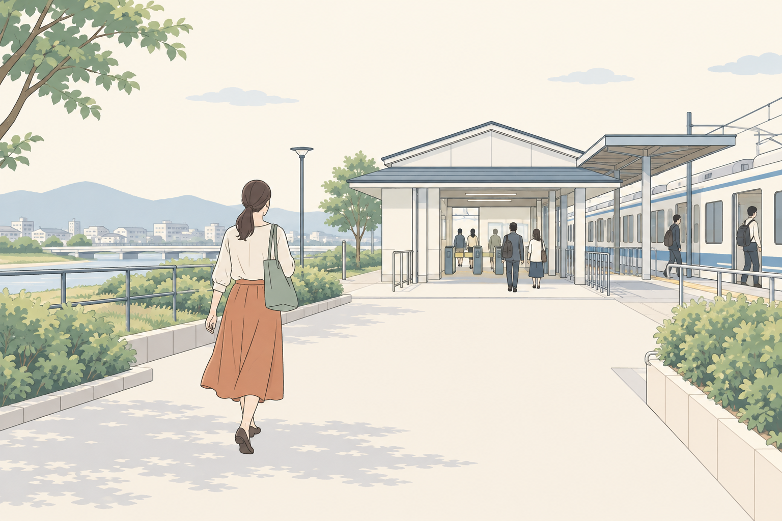 駅に向かう架空の人物。通勤経路を確かめるイメージ