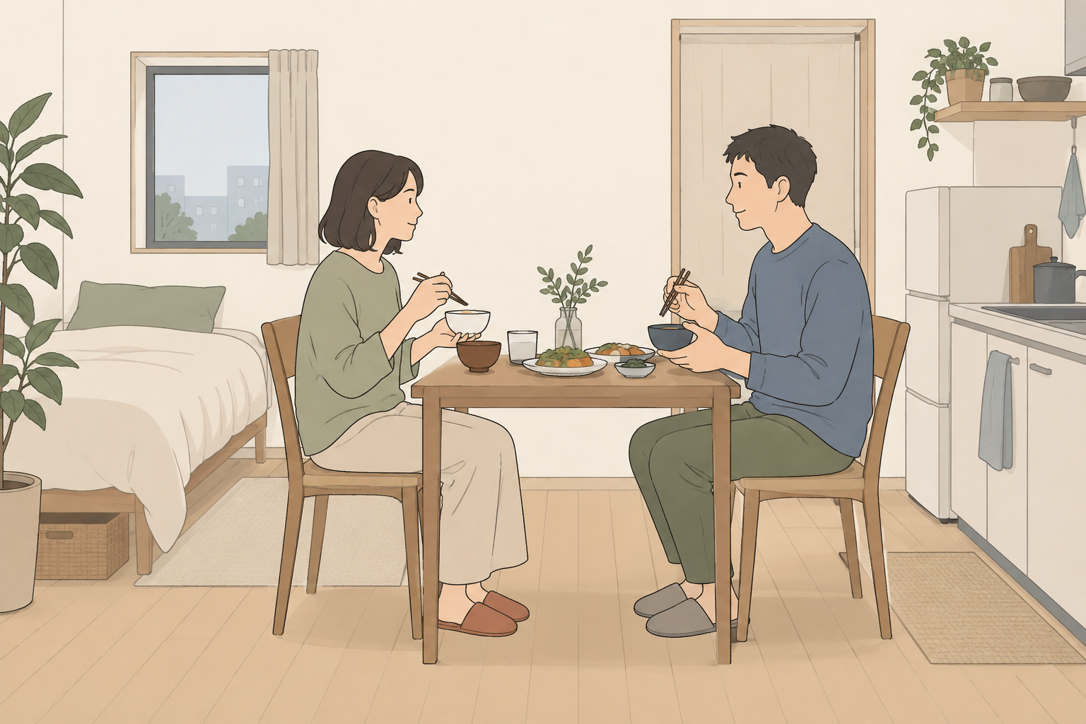 二人で食事を取る架空の生活場面